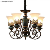 Rustic Black-Gold Chandelier With Bell Shade And Opal Glass Perfect For Guest Rooms (3/5/6-Bulb)