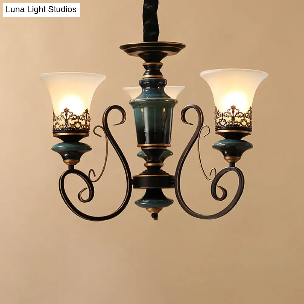 Rustic Black-Gold Chandelier With Bell Shade And Opal Glass Perfect For Guest Rooms (3/5/6-Bulb)