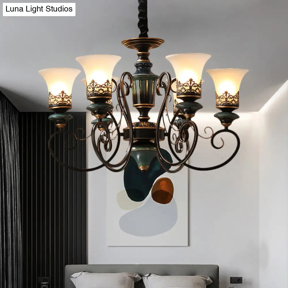 Rustic Black-Gold Chandelier With Bell Shade And Opal Glass Perfect For Guest Rooms (3/5/6-Bulb)