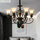 Rustic Black-Gold Chandelier With Bell Shade And Opal Glass Perfect For Guest Rooms (3/5/6-Bulb)
