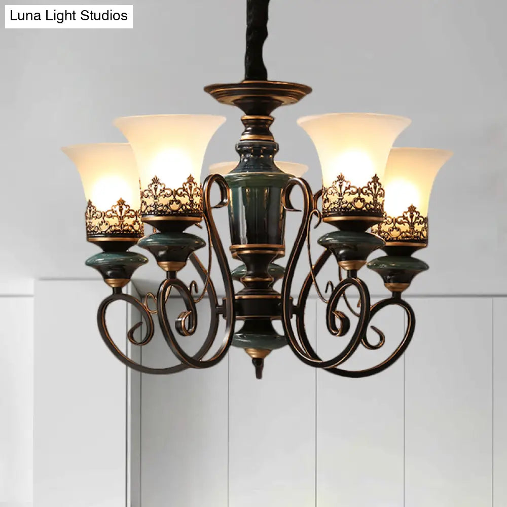 Rustic Black-Gold Chandelier With Bell Shade And Opal Glass Perfect For Guest Rooms (3/5/6-Bulb)