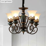 Rustic Black-Gold Chandelier With Bell Shade And Opal Glass Perfect For Guest Rooms (3/5/6-Bulb)