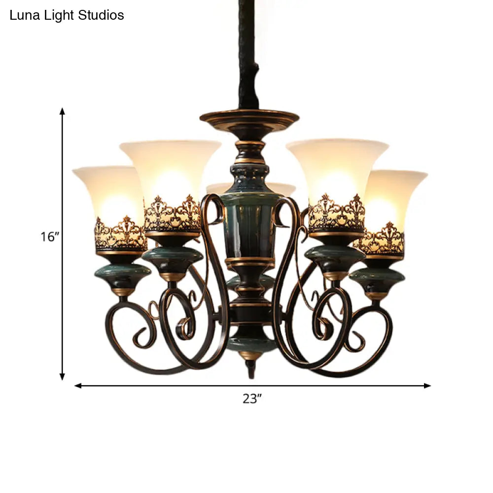 Rustic Black-Gold Chandelier With Bell Shade And Opal Glass Perfect For Guest Rooms (3/5/6-Bulb)