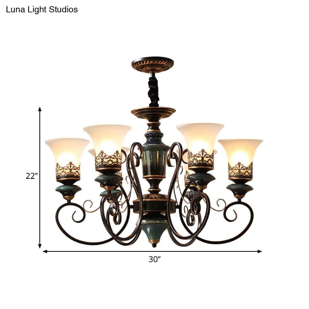 Rustic Black-Gold Chandelier With Bell Shade And Opal Glass Perfect For Guest Rooms (3/5/6-Bulb)