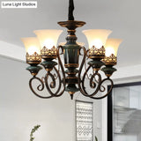 Rustic Black-Gold Chandelier With Bell Shade And Opal Glass Perfect For Guest Rooms (3/5/6-Bulb)