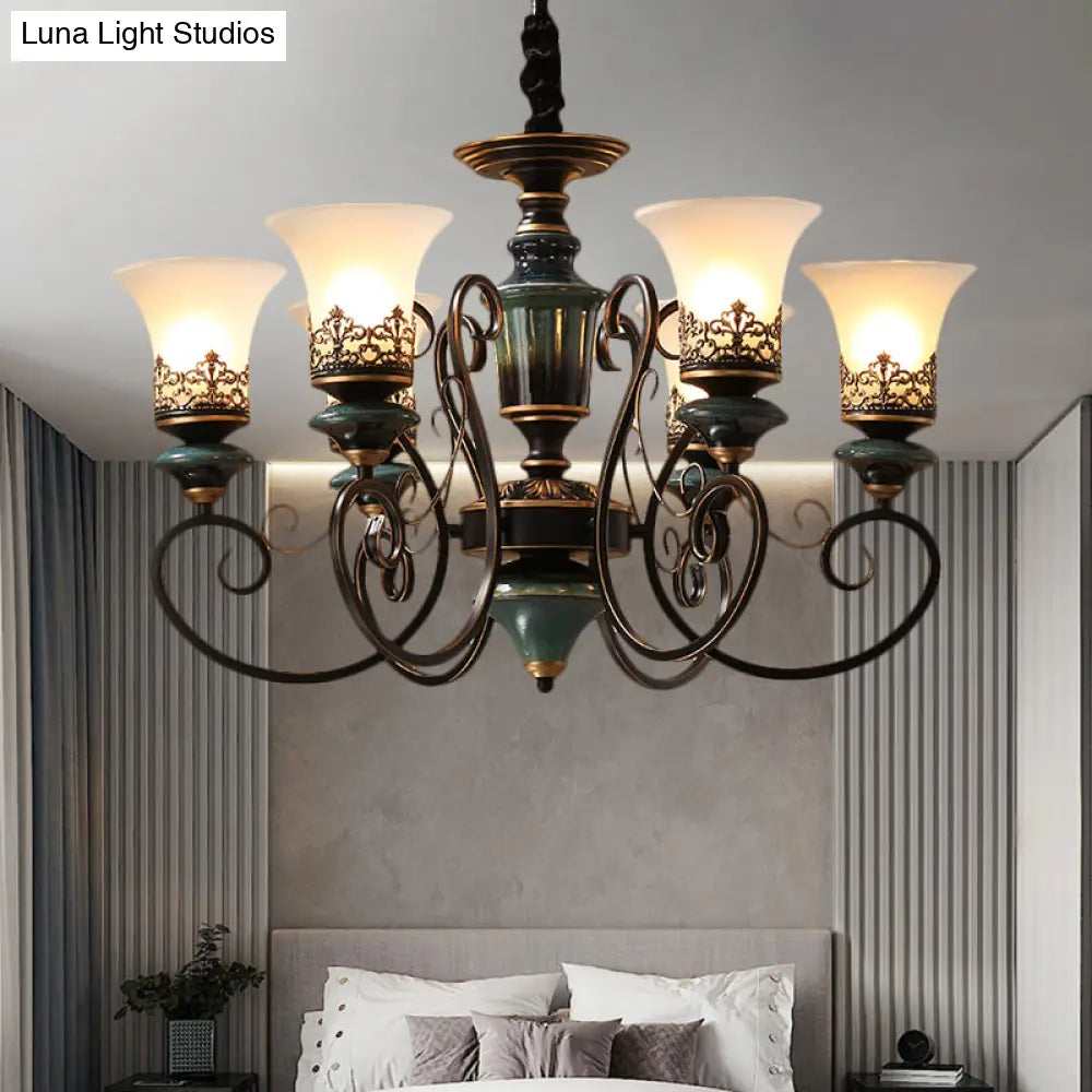 Rustic Black-Gold Chandelier With Bell Shade And Opal Glass Perfect For Guest Rooms (3/5/6-Bulb)