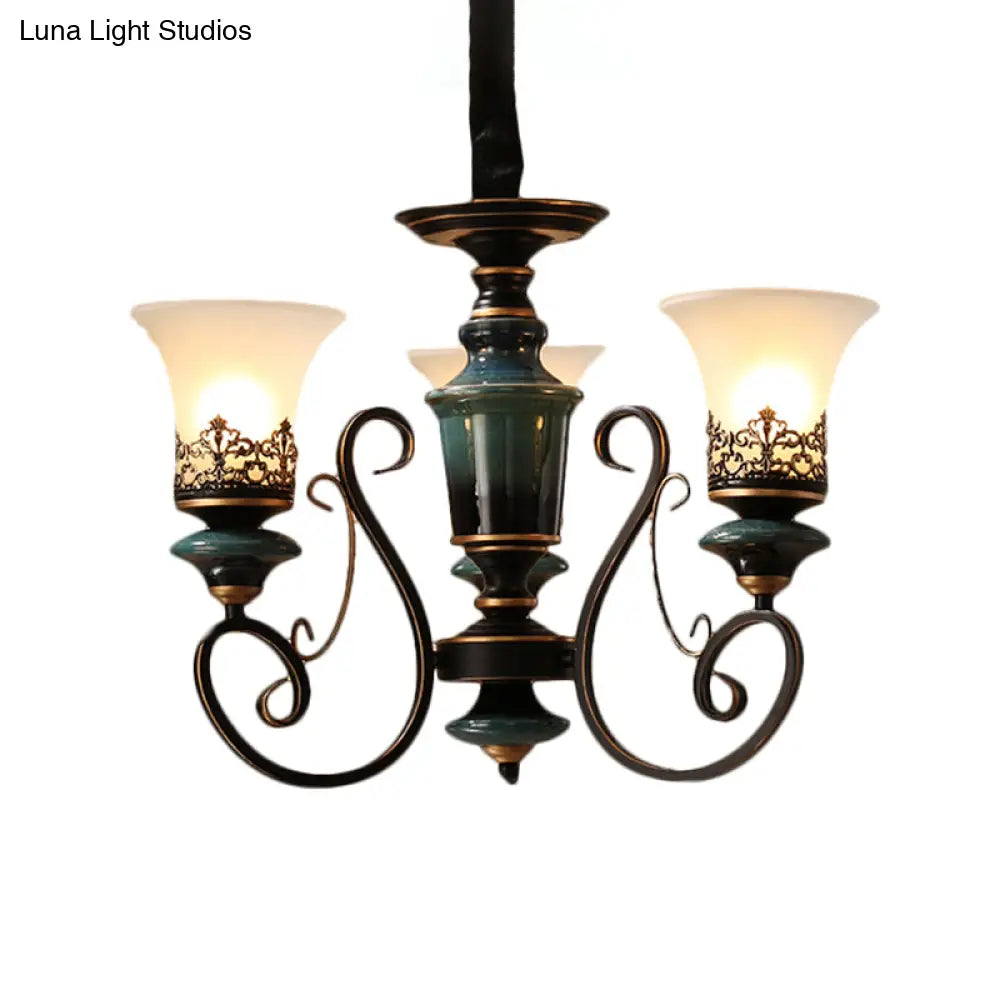 Rustic Black-Gold Chandelier With Bell Shade And Opal Glass Perfect For Guest Rooms (3/5/6-Bulb)