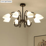 Rustic Black Iron Chandelier With Frosted Glass Shades - Hanging Ceiling Light Curve Arm 6/8/10