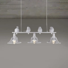 Rustic Black Island Pendant Lamp With Clear Glass 3 Bulbs Flared Design & Bird Decoration - Perfect