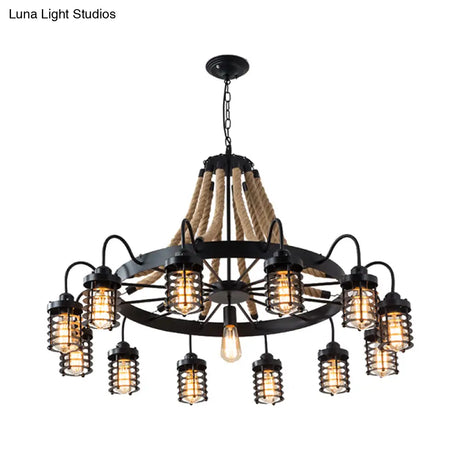 Rustic Black Metal Chandelier With 7/9 Cylinder Cage Heads And Rope Suspension