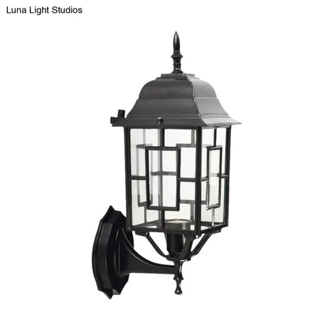 Rustic Black Metal Pavilion Sconce With Clear Glass Shade - Garden Wall Lighting Idea
