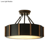 Rustic Black Metallic Led Semi Flush Drum Light Fixture With Warm Glow Close To Ceiling