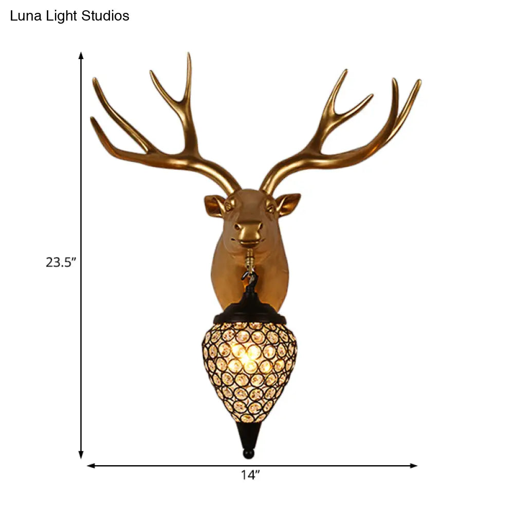 Rustic Black Raindrop Wall Mounted Crystal Lamp With Horse/Deer Head - Bedside Sconce