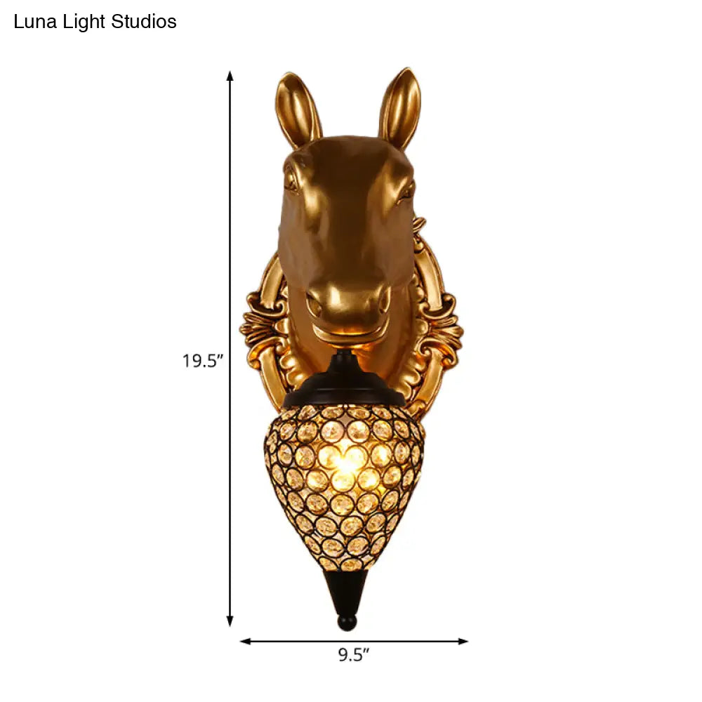 Rustic Black Raindrop Wall Mounted Crystal Lamp With Horse/Deer Head - Bedside Sconce