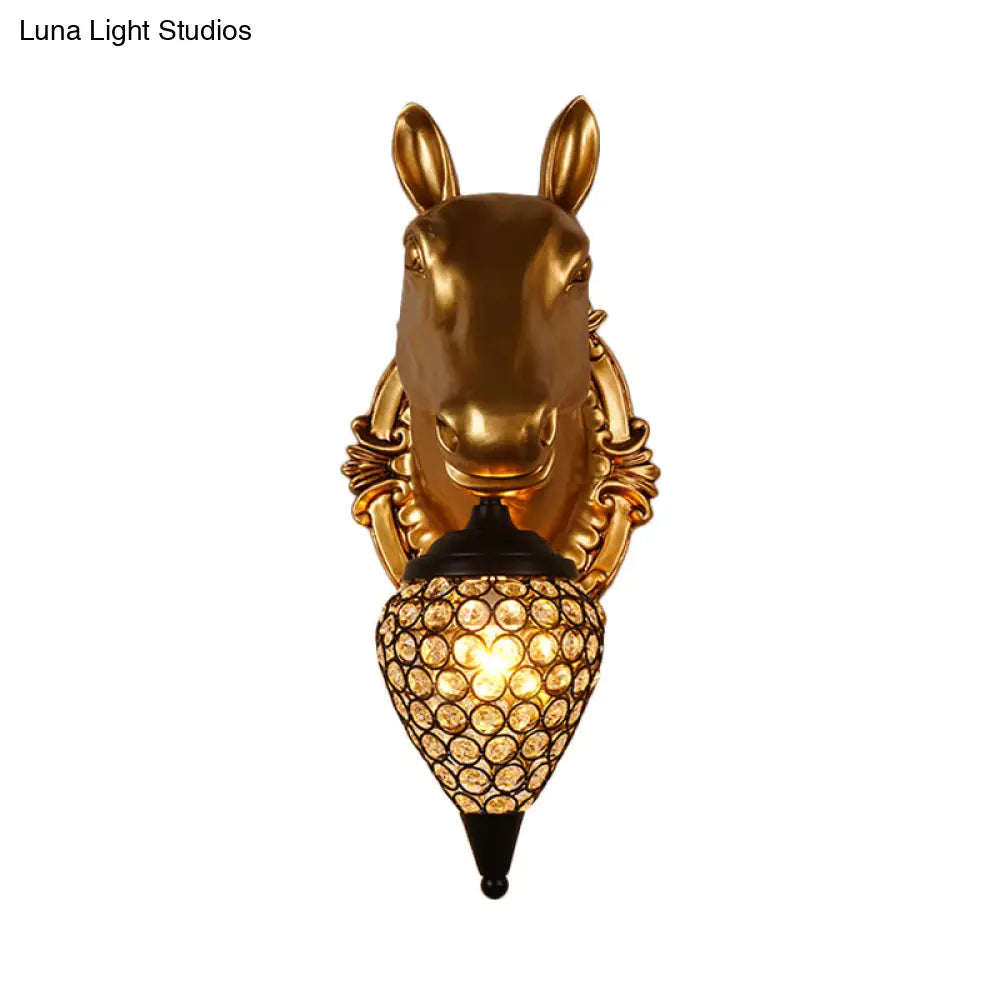 Rustic Black Raindrop Wall Mounted Crystal Lamp With Horse/Deer Head - Bedside Sconce