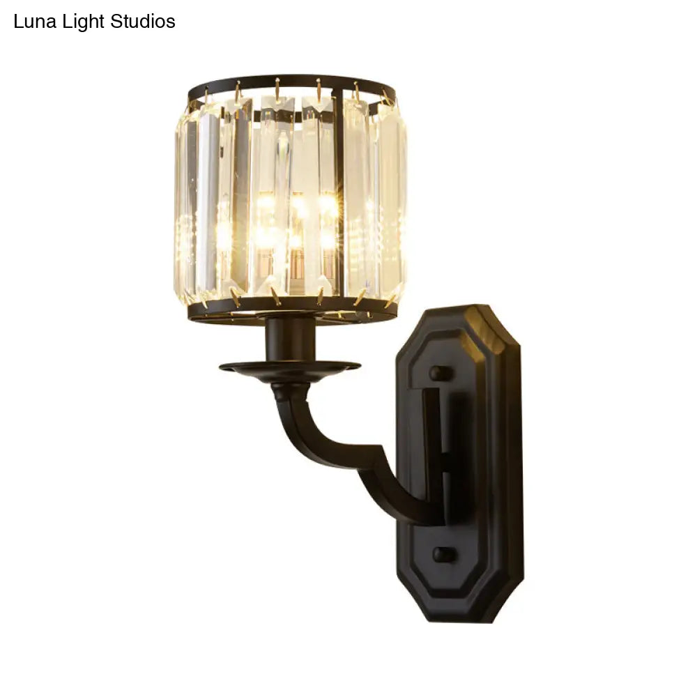 Rustic Black Wall Sconce With Faceted Crystal Drum Shade
