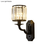Rustic Black Wall Sconce With Faceted Crystal Drum Shade