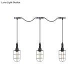 Rustic Black Wire Cage Pendant Lamp - Tandem Multi Ceiling Light Fixture With Iron Heads For