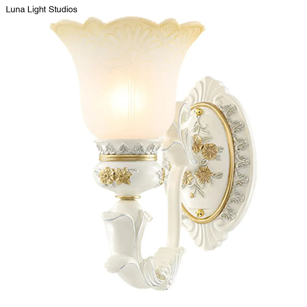 Rustic Blossom Wall Mount Light With Frosted Glass Sconce - Single Bulb Carved Design White