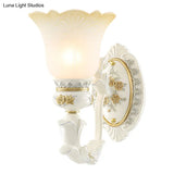 Rustic Blossom Wall Mount Light With Frosted Glass Sconce - Single Bulb Carved Design White