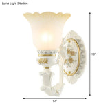 Rustic Blossom Wall Mount Light With Frosted Glass Sconce - Single Bulb Carved Design White