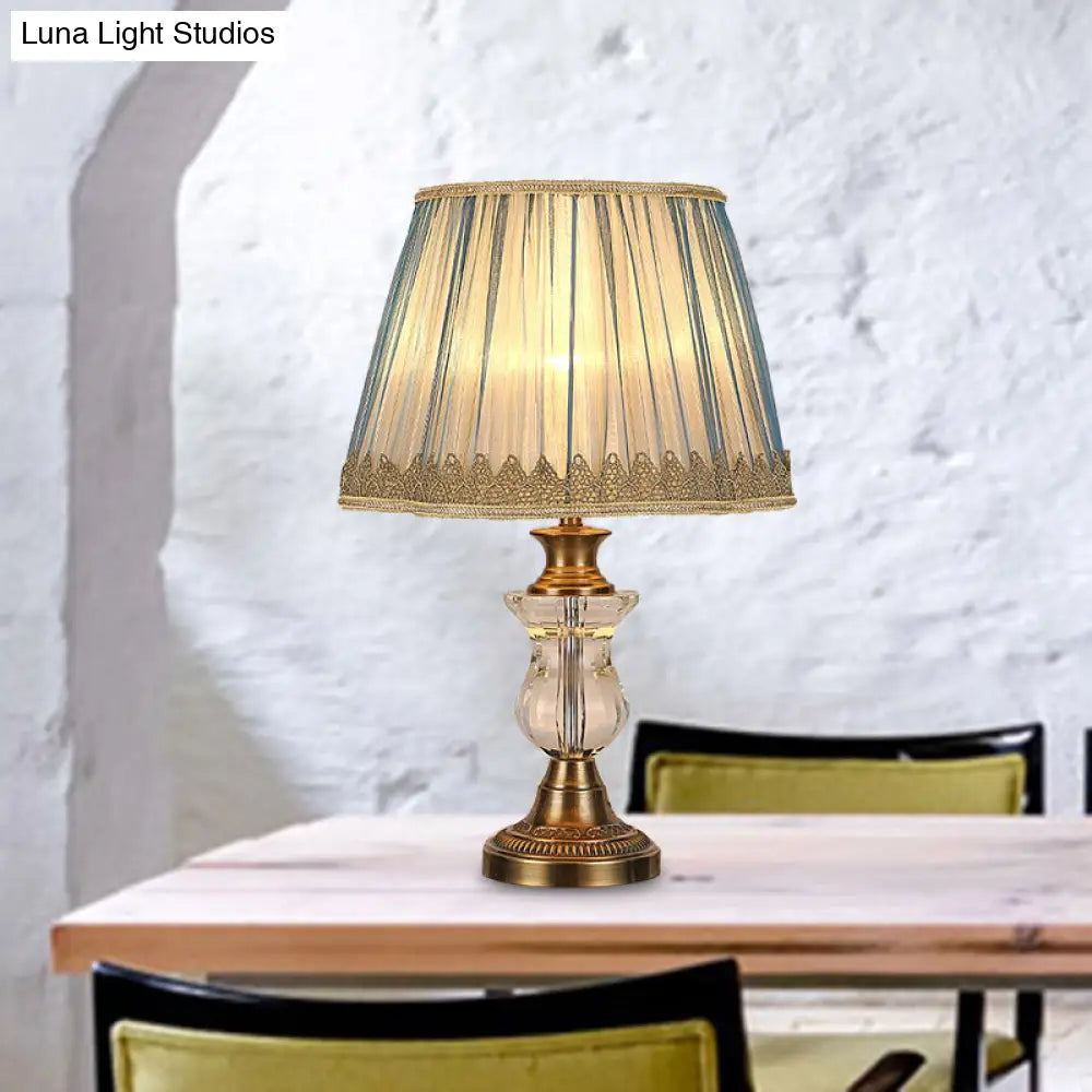 Rustic Blue Fabric Nightstand Light With Crystal Accent For Bedroom