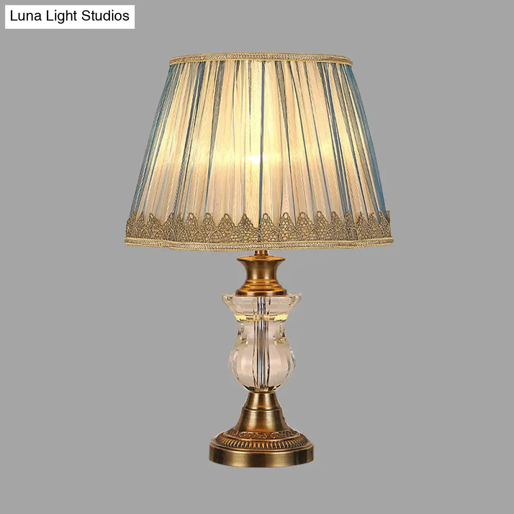 Rustic Blue Fabric Nightstand Light With Crystal Accent For Bedroom