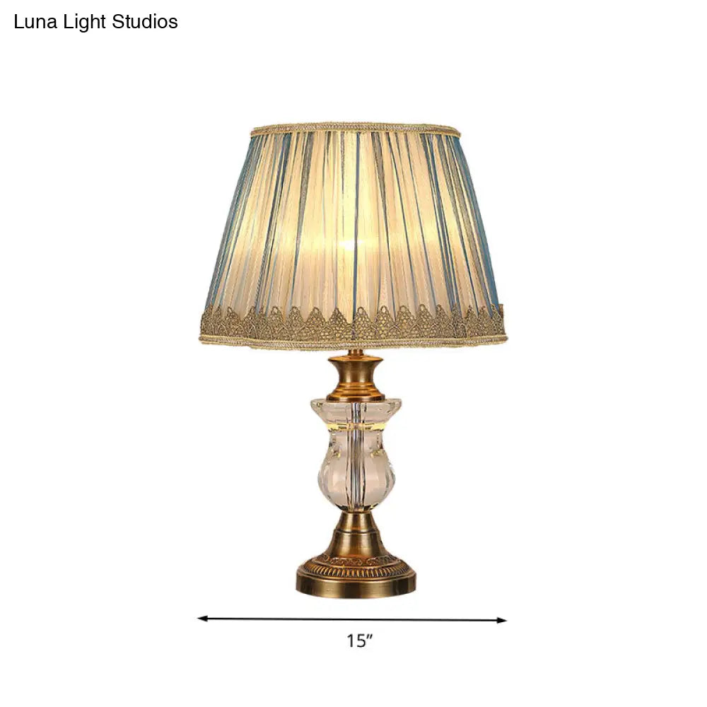 Rustic Blue Fabric Nightstand Light With Crystal Accent For Bedroom
