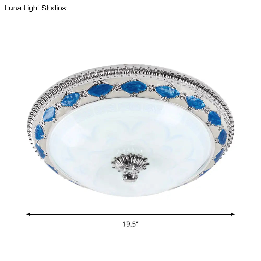 Rustic Blue Led Glass Dome Bedroom Flushmount Light Fixture With Crystal Accent 12’/16’/19.5’ Wide