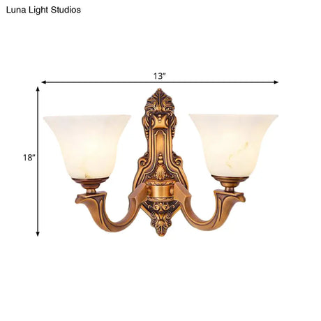 Rustic Brass Bedroom Wall Sconce With Frosted Glass Shade - 2 Light Bell Lamp