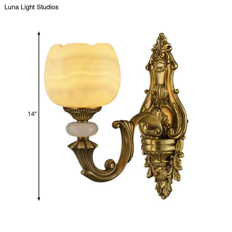 Rustic Brass Finish 1-Head Wall Sconce With Arched Arm - Flower Mount Lighting