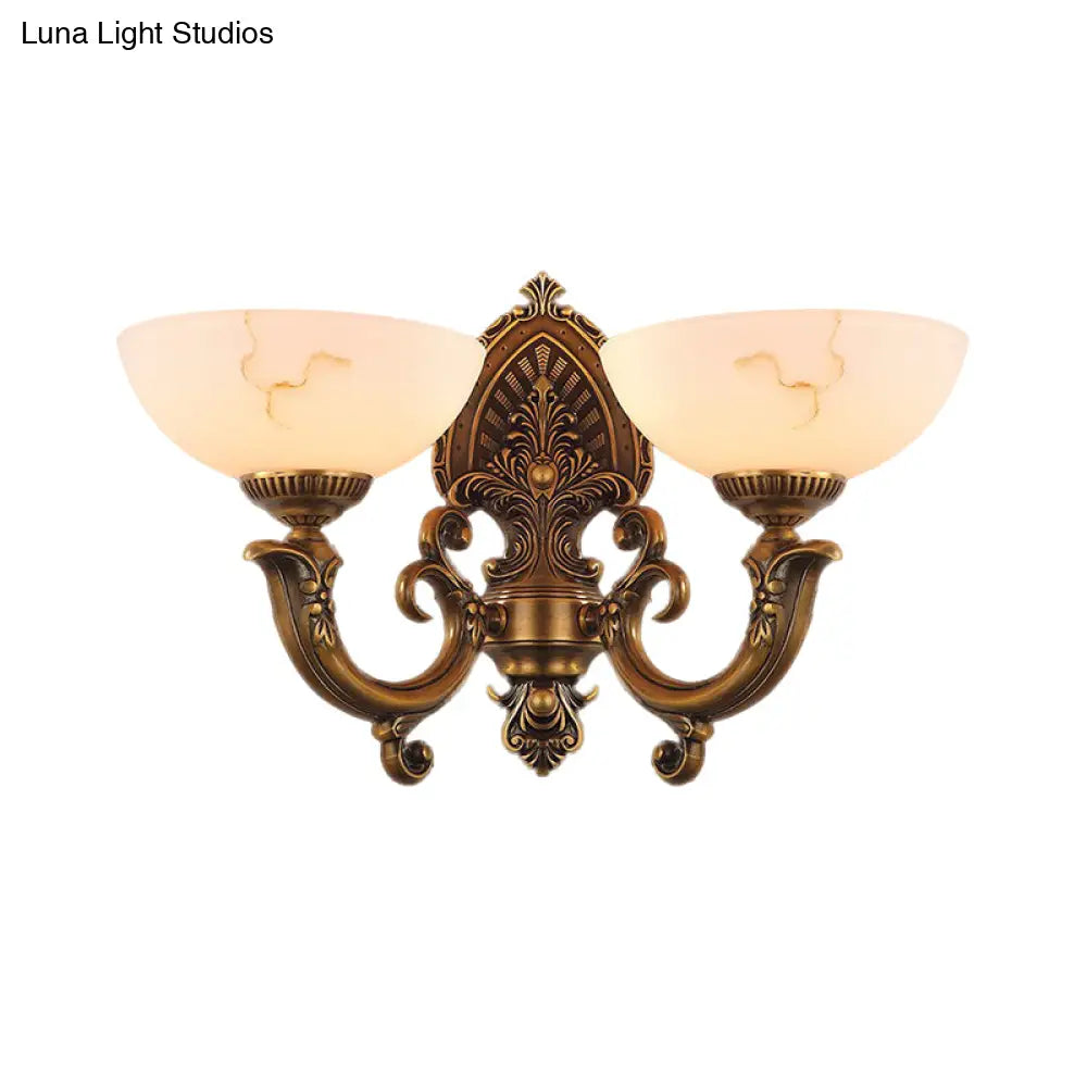 Rustic Brass Finish Glass Wall Lamp With Swirled Arm - 2 Heads Bowl Mount Lighting