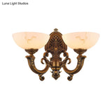 Rustic Brass Finish Glass Wall Lamp With Swirled Arm - 2 Heads Bowl Mount Lighting
