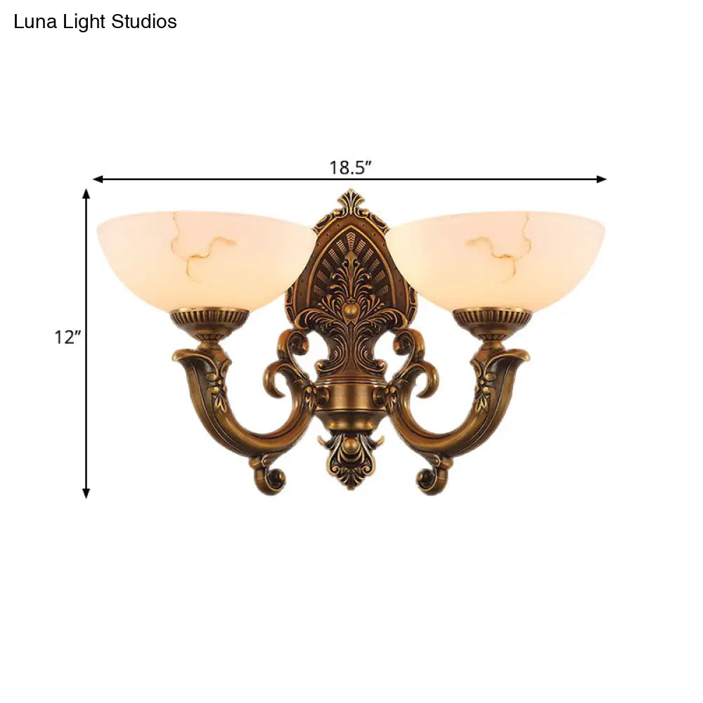 Rustic Brass Finish Glass Wall Lamp With Swirled Arm - 2 Heads Bowl Mount Lighting