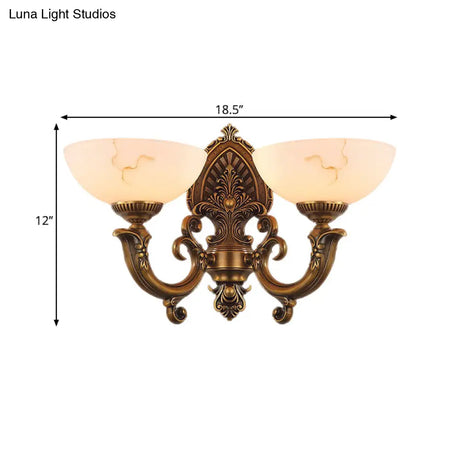 Rustic Brass Finish Glass Wall Lamp With Swirled Arm - 2 Heads Bowl Mount Lighting