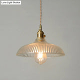 Rustic Brass Pendant Light Fixture With Clear Ribbed Glass Bowl