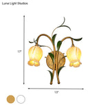 Rustic Brass Petal Wall Mount Sconce Light With White/Yellow Glass - 2/3 Lights For Living Room