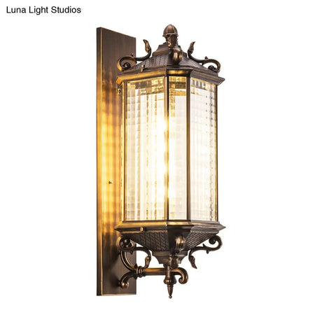 Rustic Brass Rectangle Wall Sconce Light With Clear Gridded Glass - Single Outdoor Small/Large