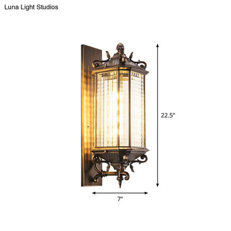 Rustic Brass Rectangle Wall Sconce Light With Clear Gridded Glass - Single Outdoor Small/Large