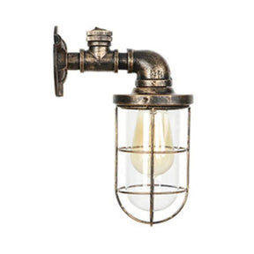 Rustic Bronze Wall Light With Wrought Iron Cage And Pipe Accents For Farmhouse Décor / 11.5