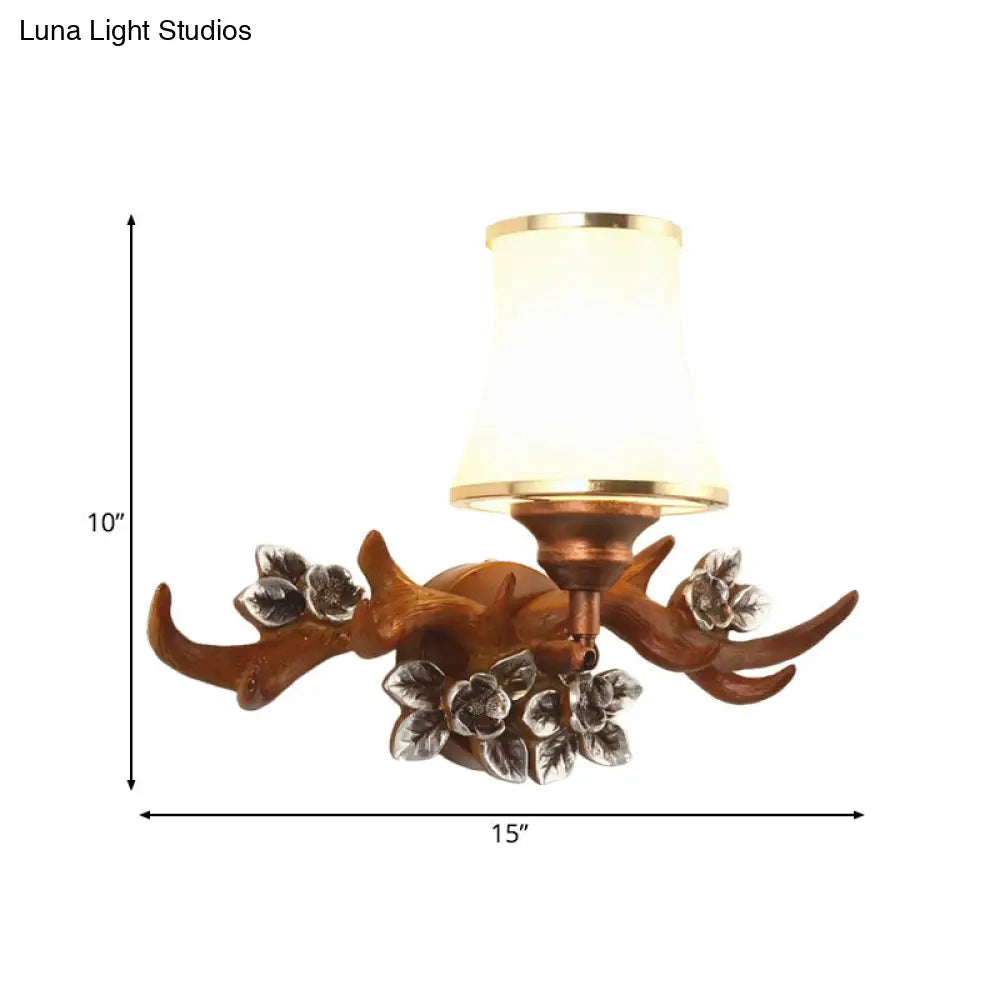 Rustic Brown Antler Sconce Lighting: 1-Light Resin Wall Lamp With Opal Glass Shade