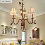 Rustic Brown Metal Pendant Chandelier: Scalloped Hanging Light With Fabric Shade - 3 Lights