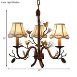 Rustic Brown Metal Pendant Chandelier: Scalloped Hanging Light With Fabric Shade - 3 Lights