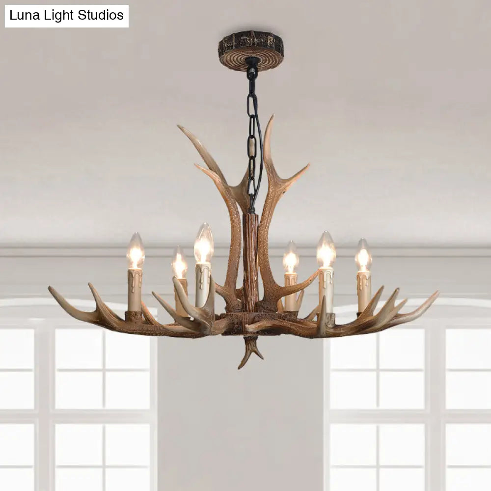 Rustic Brown Resin Antler Chandelier Ceiling Light With Candle Design - Authentic Look