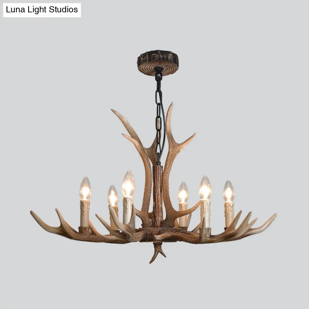 Rustic Brown Resin Antler Chandelier Ceiling Light With Candle Design - Authentic Look