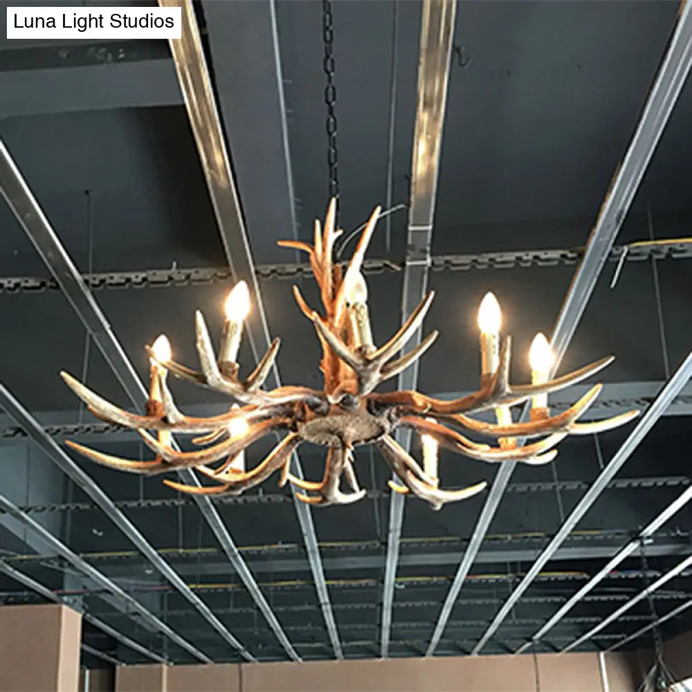Rustic Brown Resin Antler Chandelier Ceiling Light With Candle Design - Authentic Look
