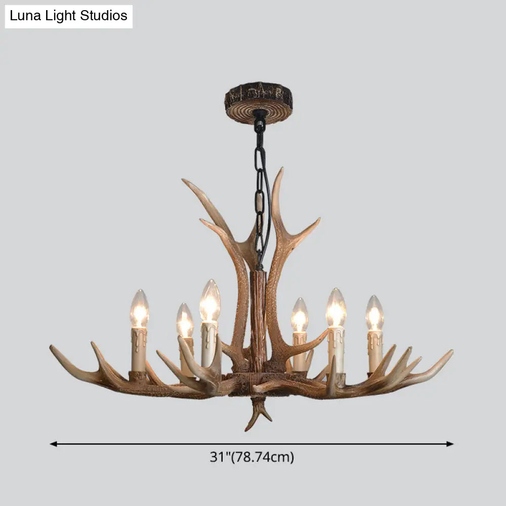 Rustic Brown Resin Antler Chandelier Ceiling Light With Candle Design - Authentic Look