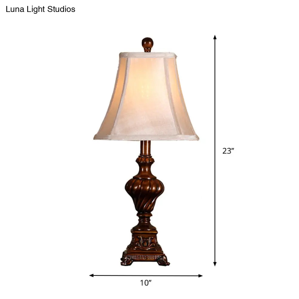 Rustic Brown Resin Nightstand Lamp With Urn Shaped Base Fabric Shade And 1-Bulb