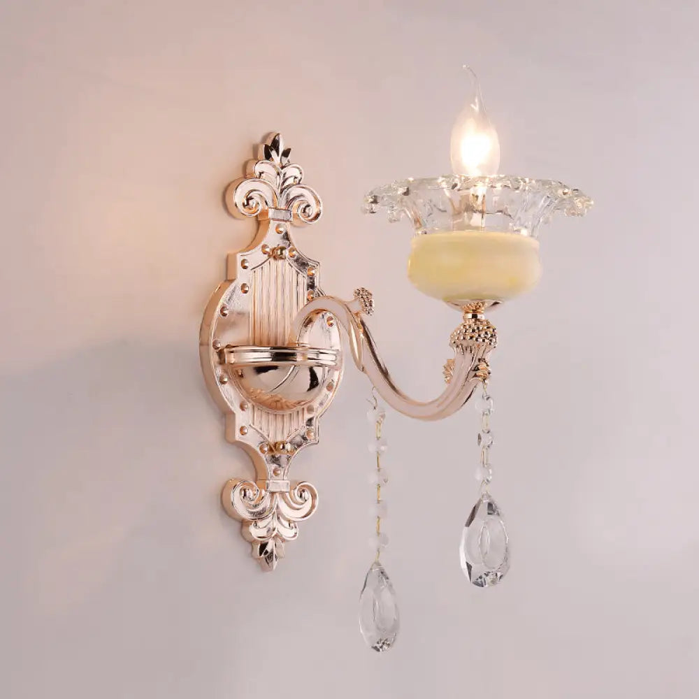 Rustic Bud Wall Light With Ruffle Glass And Crystal Draping In Weathered Zinc - Vintage Mount