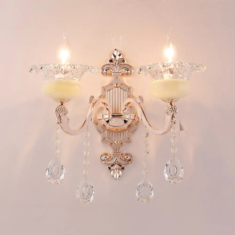 Rustic Bud Wall Light With Ruffle Glass And Crystal Draping In Weathered Zinc - Vintage Mount